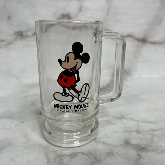 Vintage Mickey Mouse Glass Mug Heavy Bottom 70s Clear Disney Productions - Picture 1 of 3